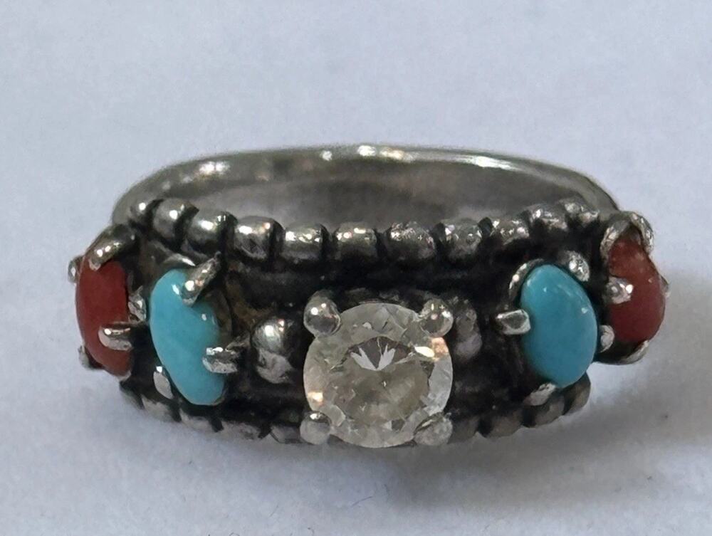 Vintage Carolyn Pollack Relios Sterling Silver Turquoise Coral CZ Ring Size 5.5